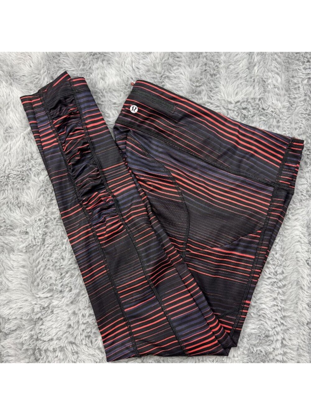 Lululemon Leggings Black Women 10 Striped Speed IV Ruched Pocket Gym Training